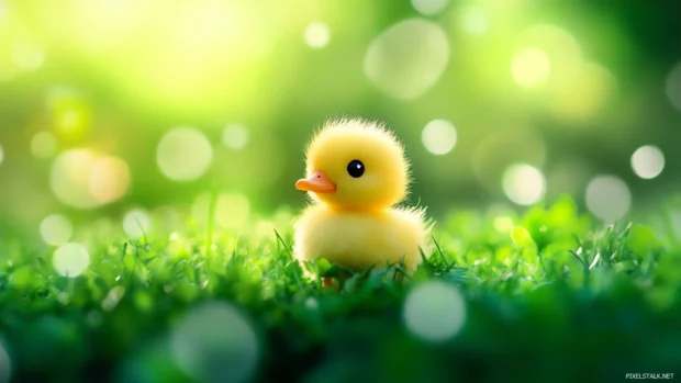 Cute Duck wallpaper with a fluffy yellow duckling standing alone in fresh green grass.