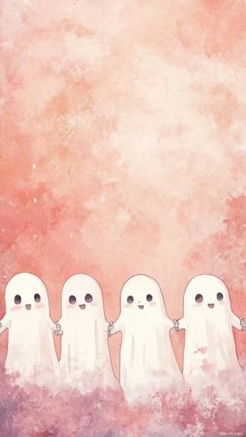 Cute Ghost Wallpapers featuring ghost friends lined up holding hands in gentle watercolor tones.