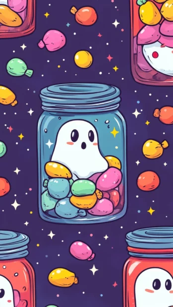 Cute Ghost Wallpapers pattern with ghosts peeking from candy jars surrounded by sparkles.