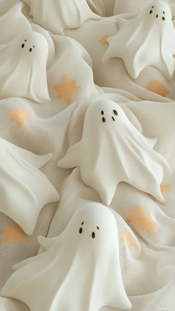 Cute Ghost Wallpapers pattern with sleepy ghosts napping on pillows shaped like stars and pumpkins.