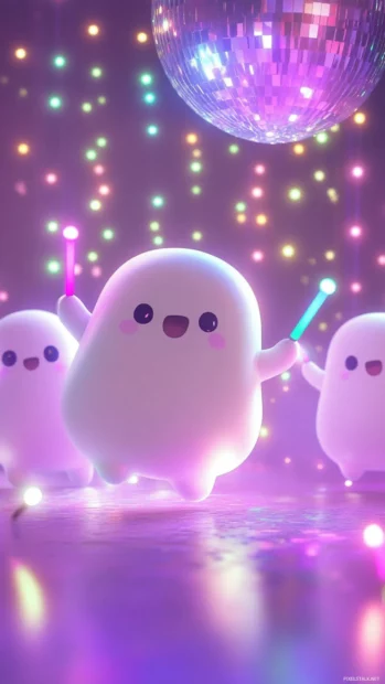 Cute Ghost Wallpapers where cartoon ghosts hold glow sticks and party under a pastel disco ball.