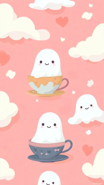 Cute Ghost Wallpapers where little white ghosts peek out from teacups and clouds in kawaii style.
