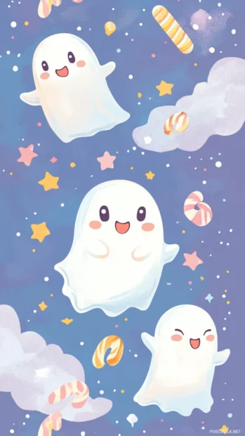 Cute Ghost Wallpapers with happy cartoon ghosts floating among stars and candy in soft pastel colors.