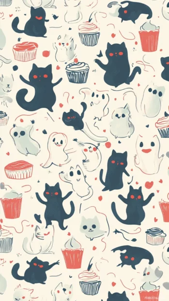Cute Ghosts playing with tiny cats and cupcakes form a whimsical hand drawn wallpaper pattern.