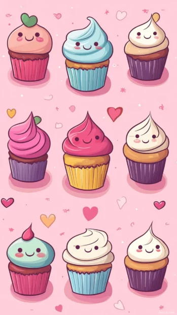 Cute Lock screen Wallpapers featuring cartoon cupcakes with happy expressions.