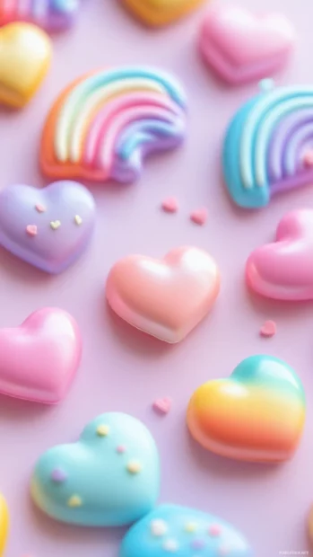 Cute Lock screen Wallpapers showcasing kawaii style hearts and pastel rainbows.