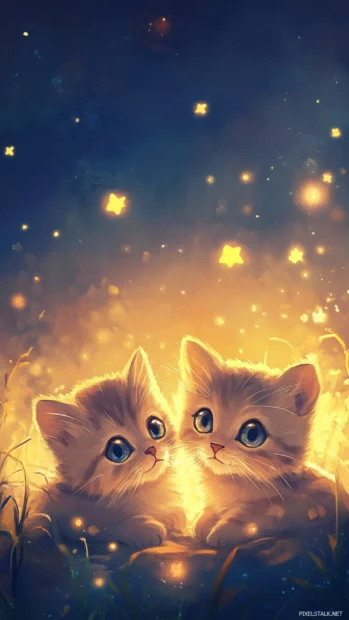Cute Lock screen Wallpapers with chubby kittens playing under glowing stars.
