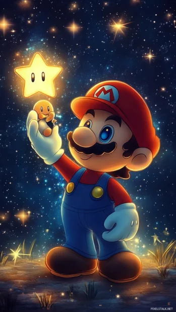 Cute Mario wallpaper iPhone, featuring a chibi style Mario holding a tiny Luma against a starry backdrop.