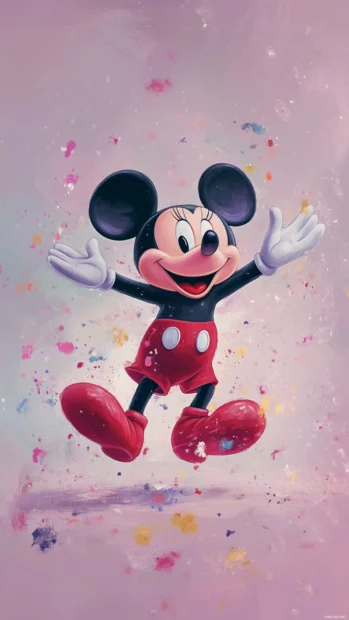 Cute Mickey Mouse dancing on a pale lilac background.