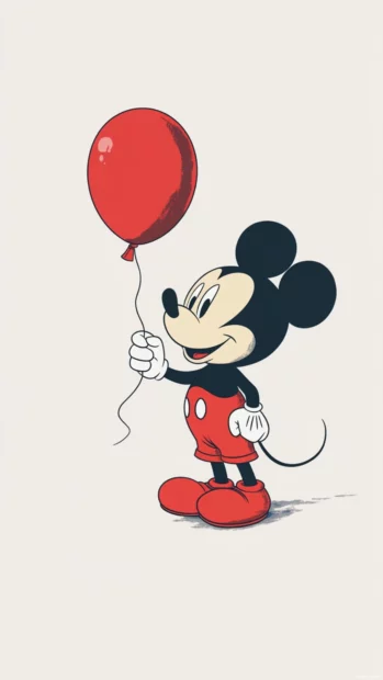 Cute Mickey Mouse holding a balloon on a flat white background.