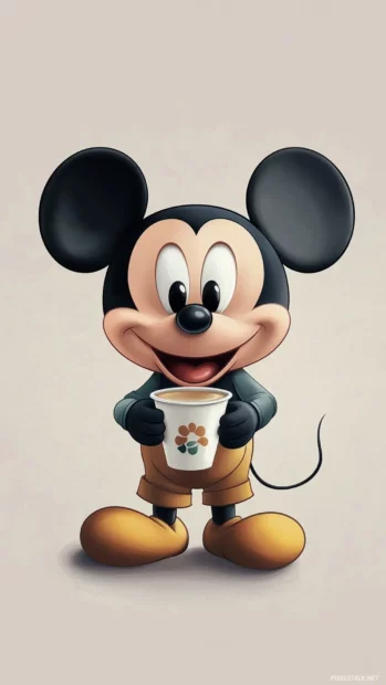 Cute Mickey Mouse holding a cup of coffee against a soft gray background.