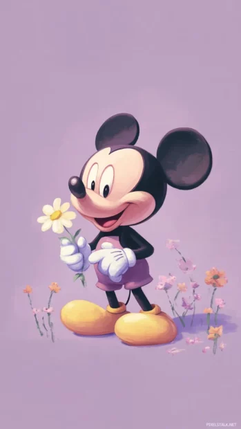 Cute Mickey Mouse holding a little flower on a pastel purple backdrop.