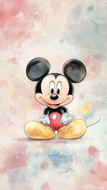 Cute Mickey Mouse illustration framed by pastel colors, soft cartoon lines, Disney magic.