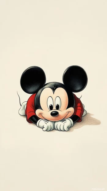 Cute Mickey Mouse lying on his belly, chin in hands, on a light beige background.