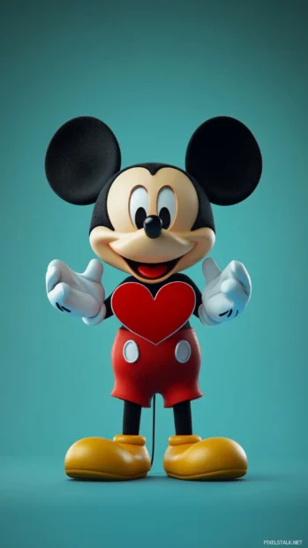 Cute Mickey Mouse makes a heart shape with his hands on a simple teal background.