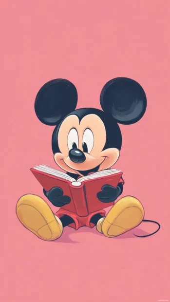 Cute Mickey Mouse reading a book on a simple pink background car.