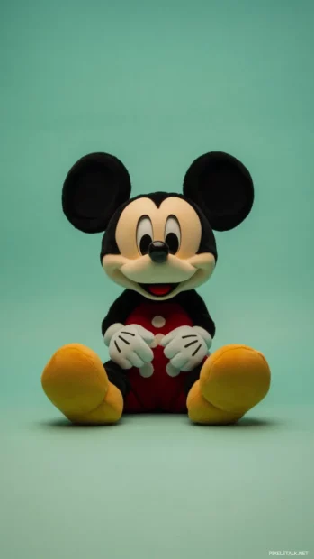 Cute Mickey Mouse sitting cross legged on a plain mint green background.