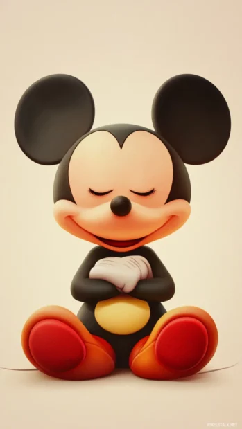 Cute Mickey Mouse sitting peacefully with closed eyes on a simple cream backdrop.