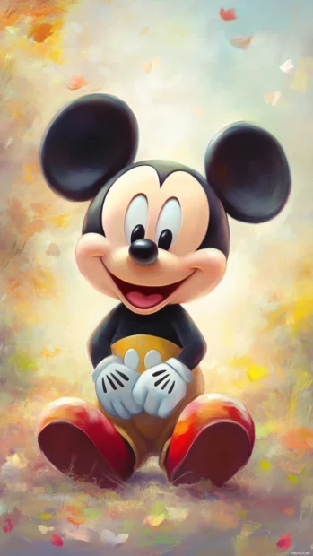 Cute Mickey Mouse smiling sweetly on a soft pastel background.