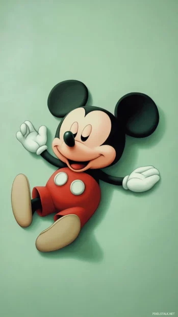 Cute Mickey Mouse stretches sleepily on a pastel green background.