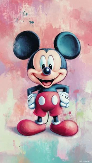 Cute Mickey Mouse with soft pastel background, simple cartoon charm, cute Disney character.