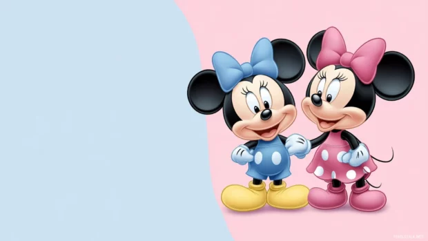 Cute Mickey and Minnie mouse background with pastel colors, smiling faces and playful poses.