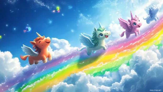 Cute Moving Cartoons wallpaper of cartoon animals riding on rainbow trails.