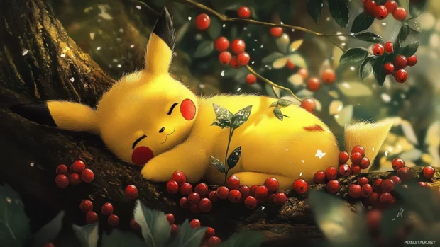 Cute Pikachu Wallpaper featuring Pikachu curled up asleep under a tree full of berries.
