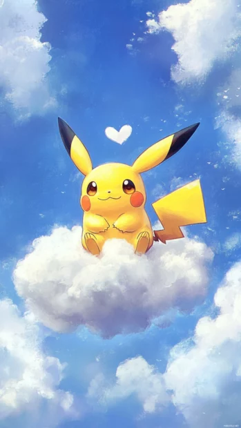 Cute Pikachu Wallpaper featuring Pikachu riding on a cloud shaped like a heart.