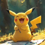 Cute Pikachu Wallpaper of Pikachu drawing on the ground with chalk while laughing in the sun.