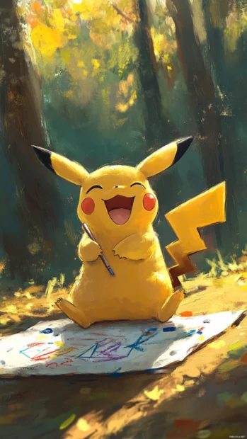 Cute Pikachu Wallpaper of Pikachu drawing on the ground with chalk while laughing in the sun.