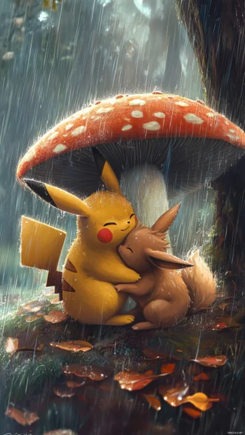 Cute Pikachu Wallpaper where Pikachu and Eevee cuddle under a mushroom during the rain.