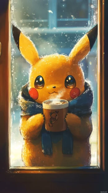 Cute Pikachu Wallpaper with Pikachu wearing a cozy hoodie and sipping hot cocoa by a window.