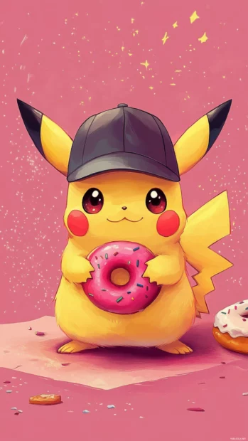 Cute Pikachu Wallpaper with Pikachu wearing a detective hat and blushing next to a donut.