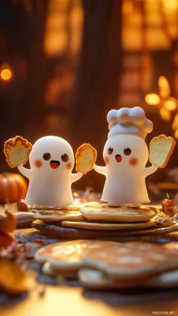 Cute Tiny ghost chefs holding pancakes and toast appear in playful loop across the frame.