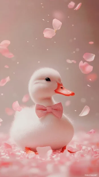 Cute aesthetic duck with a bowtie sits calmly among falling petals on a soft neutral background.