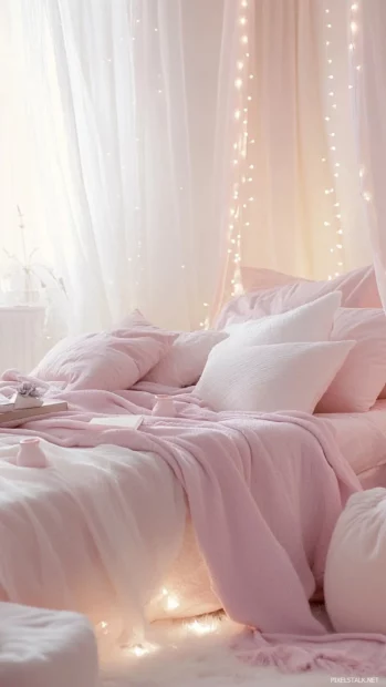 Cute and cozy pastel bedroom with fairy lights and plush pillows.