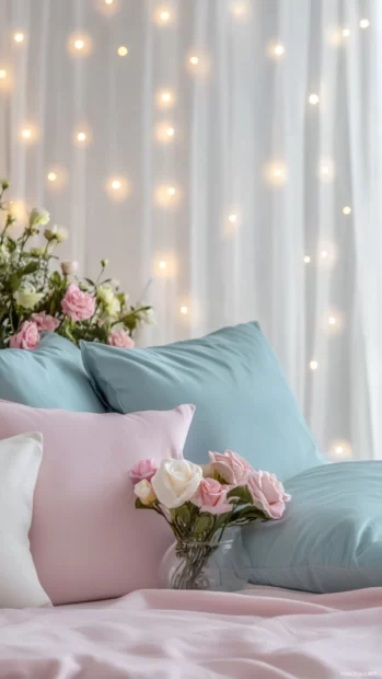 Cute and cozy pastel bedroom with fairy lights and plush pillows.
