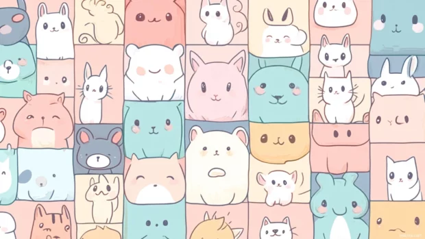 Cute animal doodles arranged in pastel tiles, designed as kawaii cute pc wallpapers.