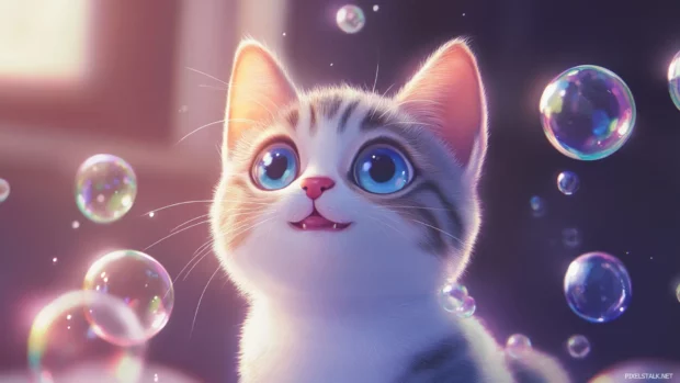 Cute anime cat character playing with bubbles.