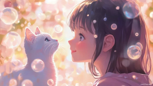 Cute anime cat girl smiling in pastel tones, best anime PC wallpapers for girls.