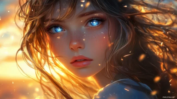 Cute anime girl wallpaper with sparkling blue eyes and flowing hair in the sunset.