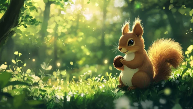 Cute anime squirrel holding an acorn in a lush forest.