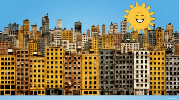 Cute anthropomorphic buildings in city, sunglasses, smiling, with sunny sky and clouds.