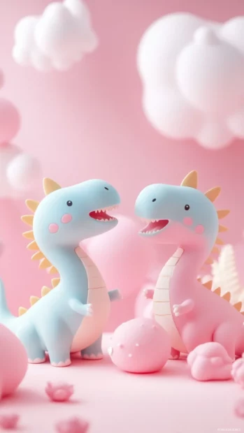 Cute baby dinosaurs in pastel shades smiling at each other.