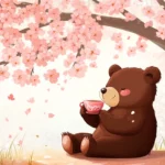 Cute bear sipping tea beside a cherry blossom tree.