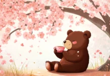 Cute bear sipping tea beside a cherry blossom tree.