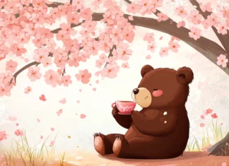 Cute bear sipping tea beside a cherry blossom tree.