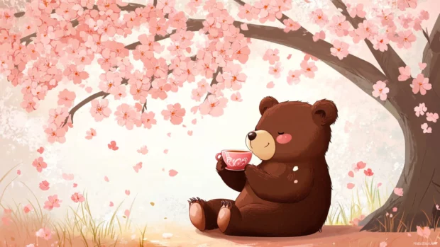 Cute bear sipping tea beside a cherry blossom tree.