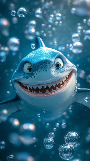 Cute blue shark with wide grin surrounded by bubbles.